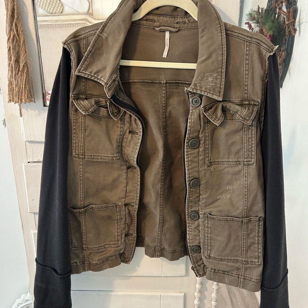 Free People Olive/Black Military Twill Distressed Jacket Sz Large